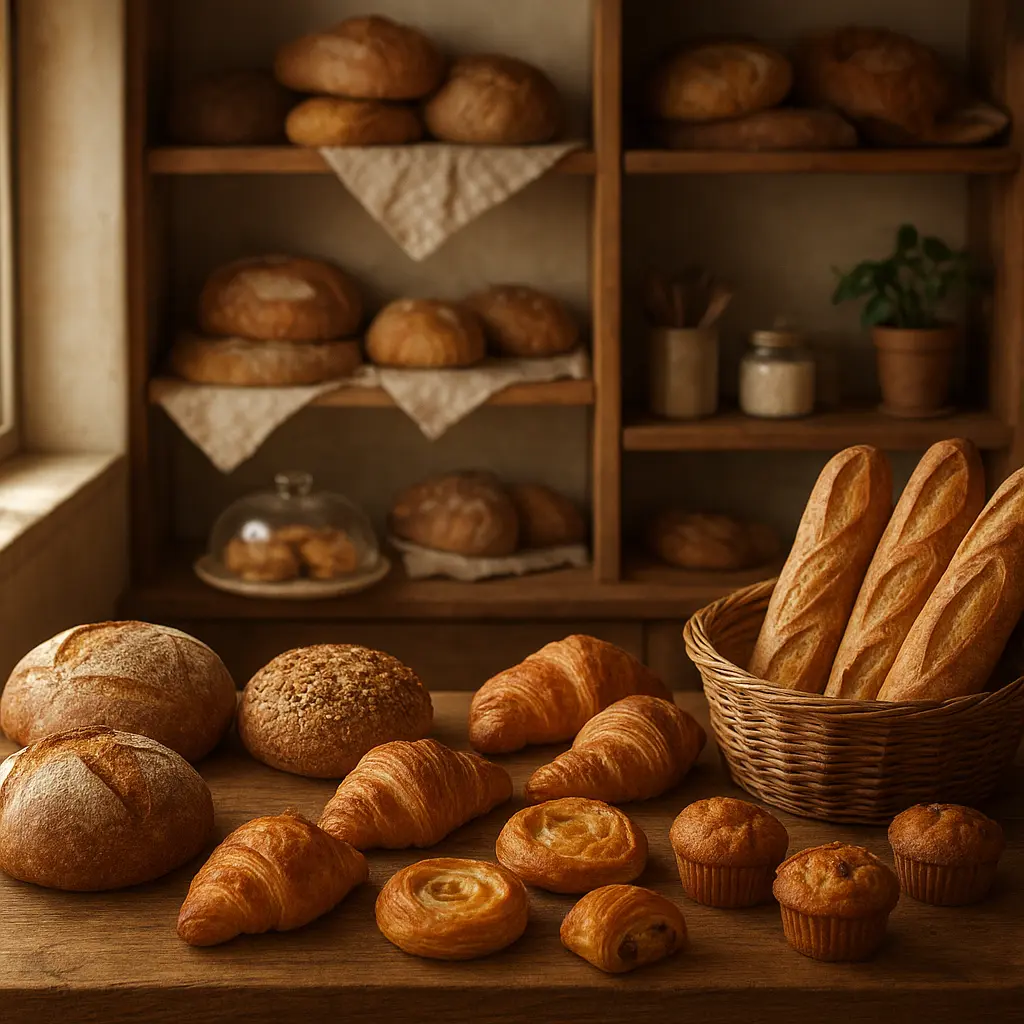 Warmer Blick auf eine handwerkliche Bäckereitheke mit frischem Brot und Gebäck